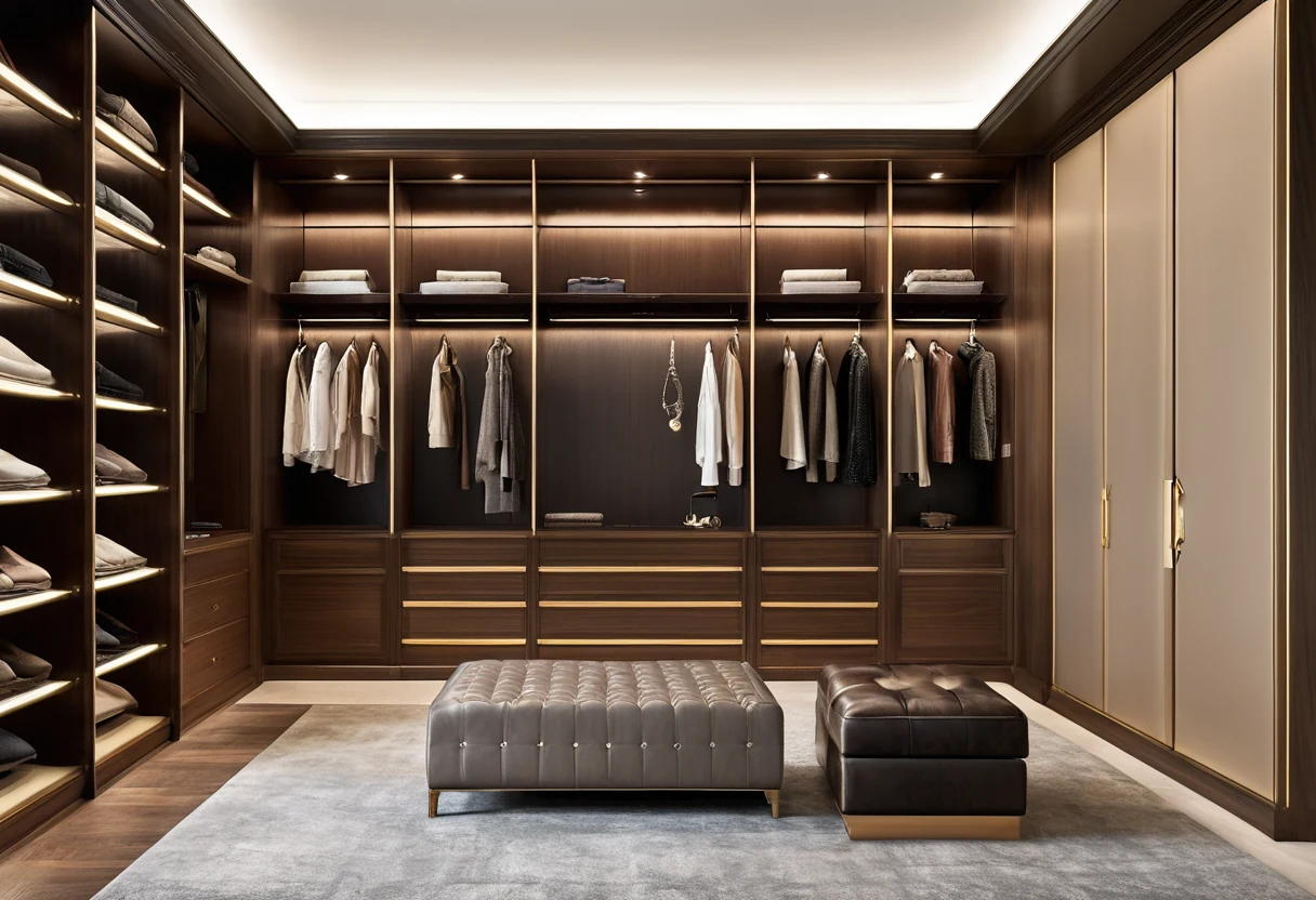Bespoke walk-in wardrobe in walnut and brass with leather-fronted drawers, glass display doors and integrated lighting