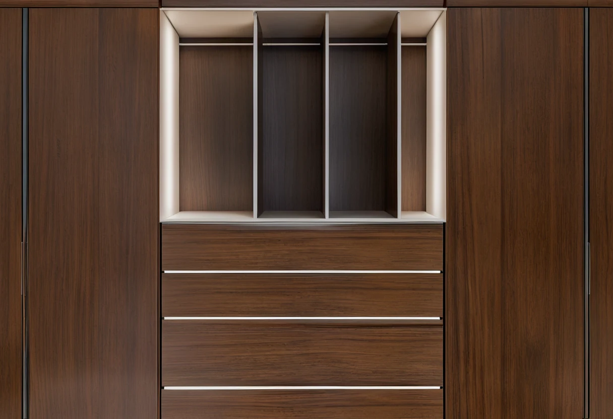 Open wardrobe carcass detail with precision drawer runners, hardwood rails and sequence-matched walnut veneer fronts