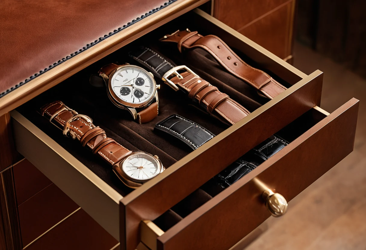 Leather-lined watch drawer with hand-stitched edges and brass dividers in a bespoke wardrobe