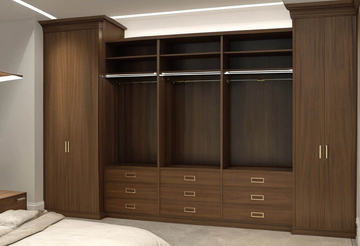 Wardrobe installation with a laser level line across walnut cabinets, shims and a scribed end panel